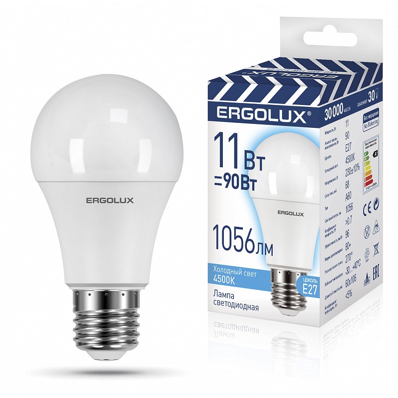 Ergolux LED-A60-11W-E27-4K (Эл.лампа светодиодная ЛОН 11Вт Е27 4000К 220-240В, ПРОМО)