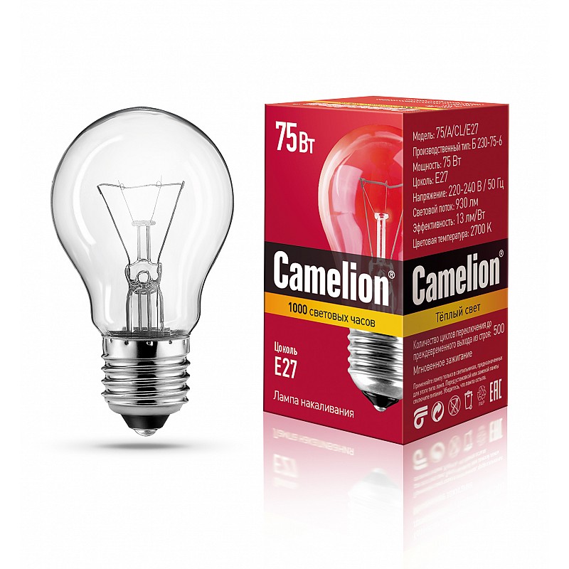 Camelion  75/A/CL/E27 (Эл.лампа накал.с прозрачной колбой, ЛОН, Б230-75-6)