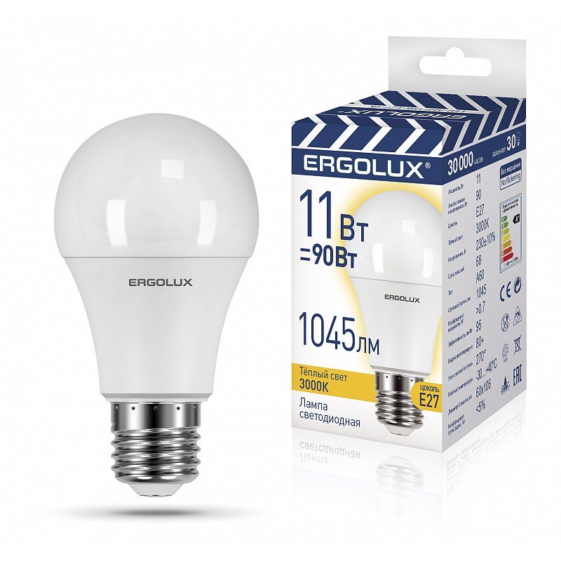 Ergolux LED-A60-11W-E27-3K (Эл.лампа светодиодная ЛОН 11Вт Е27 3000К 220-240В, ПРОМО)