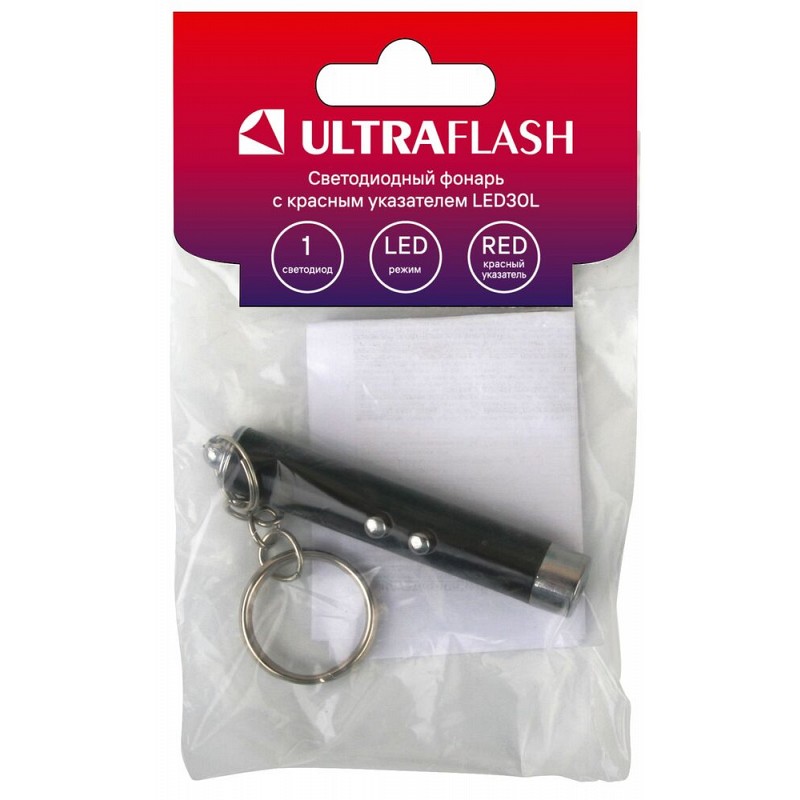 Ultraflash LED30L (фонарь, 1LED+лазерная указка 3xAG3, черный, алюм., блистер-пакет)