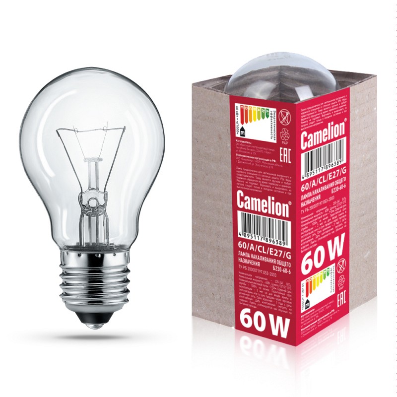 Camelion  60/A/CL/G/E27 (Эл.лампа накал.с прозрачной колбой, ЛОН, ГОФРА, Б230-60-6)