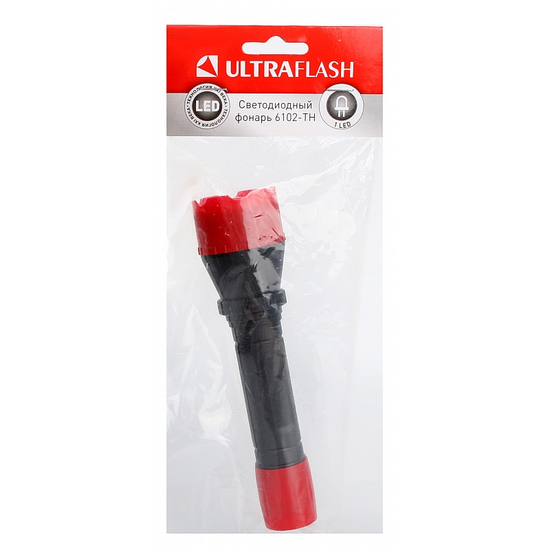 Ultraflash 6102-ТН  (фонарь, красный, 1LED, 1 реж., 2XR6, пластик, блистер-пакет)