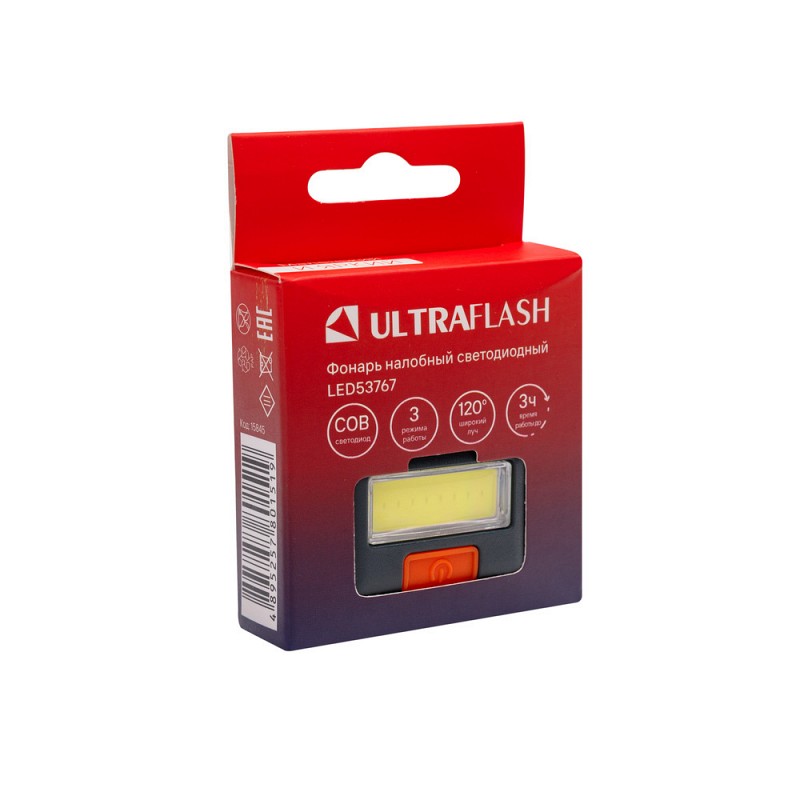 Ultraflash LED53767  (фонарь налоб, черн, COB, 3 реж, 3XAAA, пласт, кор)